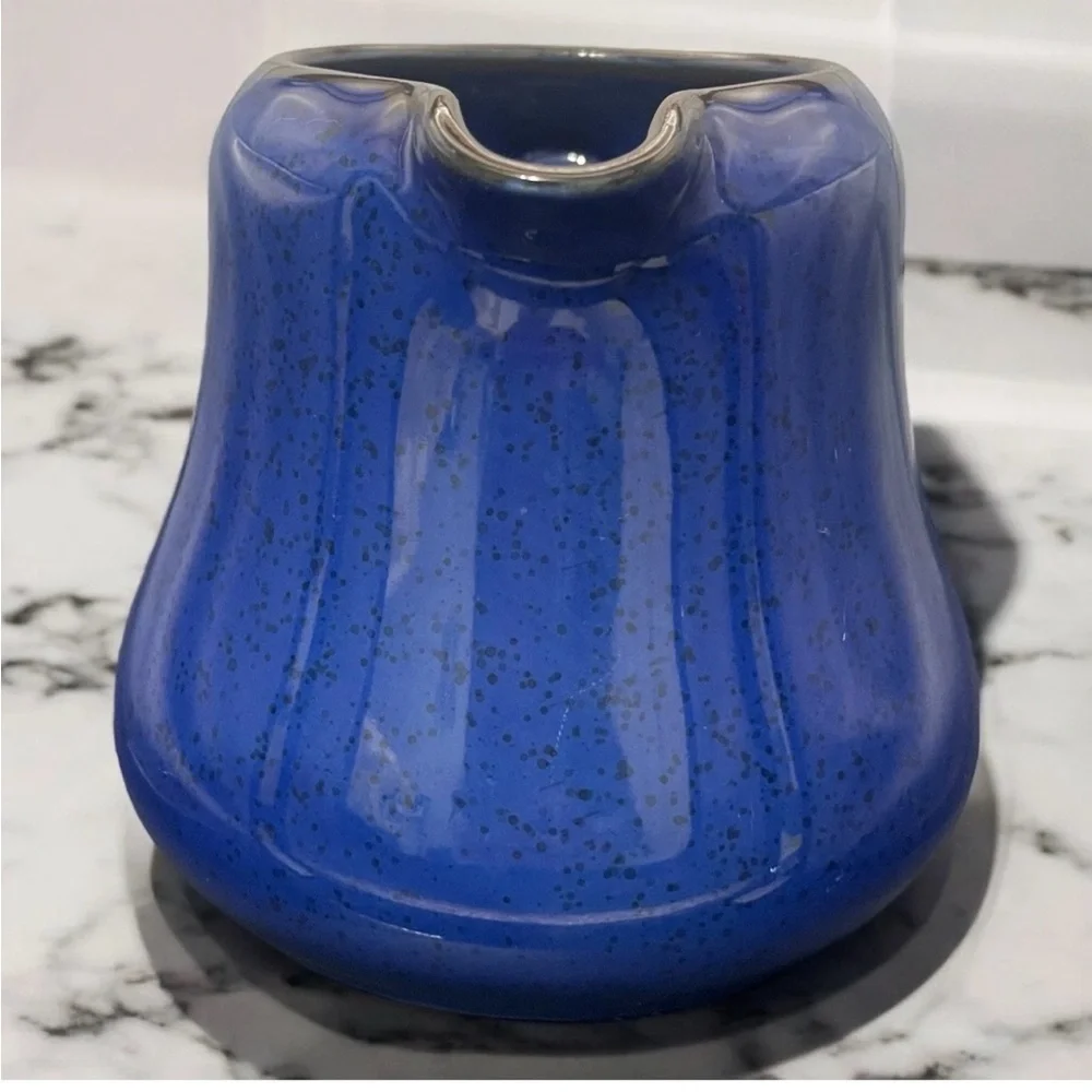 IKEA Fargrik Pitcher Dark Blue 4” Jug Creamer 15199 Brown Rim Black Speckles